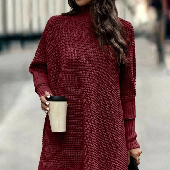 Red Preppy Womens Turtleneck Batwing Sleeve Poncho - Picture 3 of 5